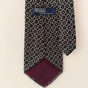 Polo by Ralph Lauren Neck 100% Silk tie Geo pattern Black Blue Tan 4-1/4 Width